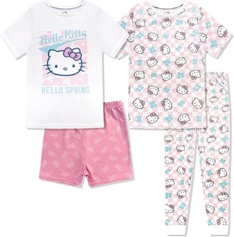 Hello Kitty Girls 4 Piece Pajama Set - Tight Fit Soft Short Sleeve Shirt, Shorts & Pants - Kids Sleepwear - Official License in Saudi Arabia