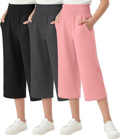 3 Pack Girls Capri Pants High Waist Wide Leg Capri Sweatpants Summer Casual Workout Cropped Pants with Pockets in Kuwait