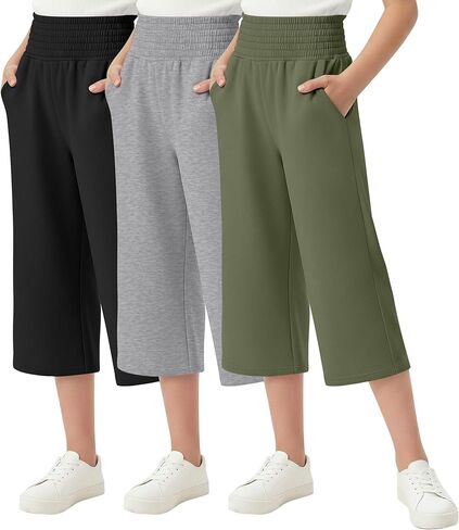3 Pack Girls Capri Pants High Waist Wide Leg Capri Sweatpants Summer Casual Workout Cropped Pants with Pockets in Saudi Arabia
