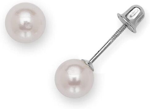 Jewelryweb Solid 14k White Gold Round Freshwater Cultured Pearl Stud Screw Back Earrings (3mm - 8mm) in Kuwait