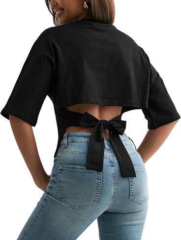 Women's Y2K Open Back Shirts Adjustable Tie Back Cinched Waist Crop Tops Half Sleeves Crew Neck Pullover Cotton Tees in Saudi Arabia