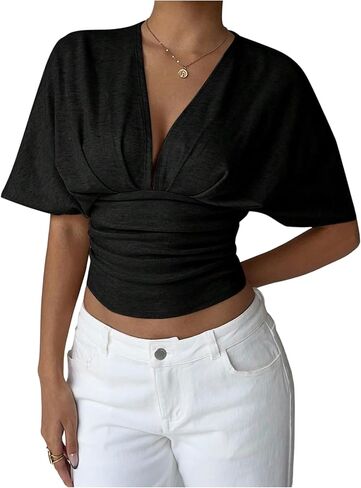 MakeMeChic Women's Y2k Crop Tops Deep V Neck Dolman Sleeve Tops Cute Summer T Shirt Going Out Tops in Saudi Arabia