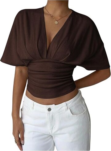 MakeMeChic Women's Y2k Crop Tops Deep V Neck Dolman Sleeve Tops Cute Summer T Shirt Going Out Tops in Saudi Arabia