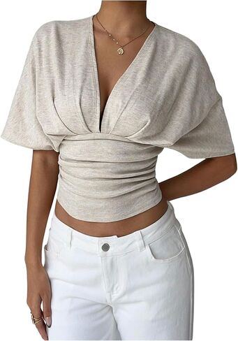 MakeMeChic Women's Y2k Crop Tops Deep V Neck Dolman Sleeve Tops Cute Summer T Shirt Going Out Tops in Saudi Arabia