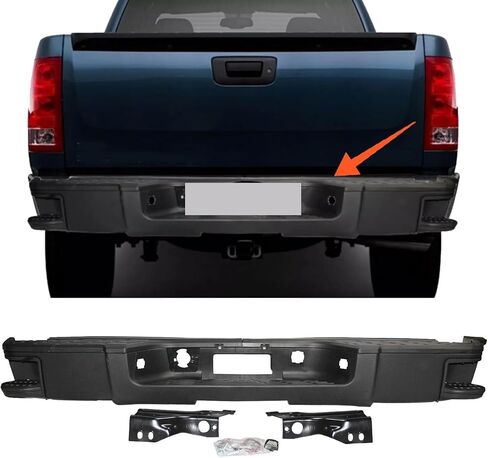 Rear Step Bumper Strap Fit for 2007-2013 Chevrolet Silverado/GMC Sierra 1500 Black Steel Bumper Sensorless Holes with Side Mats and License Plate Lights in Kuwait