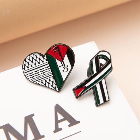 2PCS Free Palestine Enamel Pin Set – Keffiyeh Heart & Ribbon Lapel Badge, Palestinian Flag Brooch Pin for Clothes Bags Accessories in Saudi Arabia