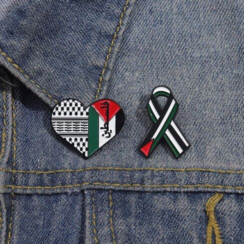 2PCS Free Palestine Enamel Pin Set – Keffiyeh Heart & Ribbon Lapel Badge, Palestinian Flag Brooch Pin for Clothes Bags Accessories in Saudi Arabia