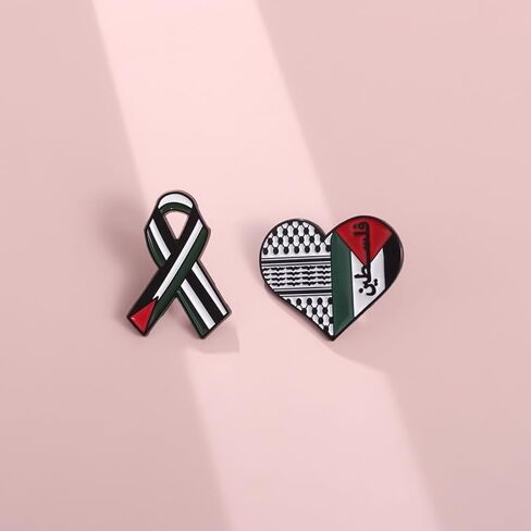 2PCS Free Palestine Enamel Pin Set – Keffiyeh Heart & Ribbon Lapel Badge, Palestinian Flag Brooch Pin for Clothes Bags Accessories in Saudi Arabia