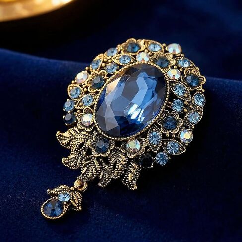 Vintage Blue Flower Brooch Pin for Women Men, Antique Victorian Style Rhinestone Floral Corsage, Elegant Large Fashion Jewelry Accessories for Wedding Prom Party in Kuwait