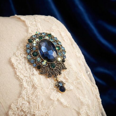 Vintage Blue Flower Brooch Pin for Women Men, Antique Victorian Style Rhinestone Floral Corsage, Elegant Large Fashion Jewelry Accessories for Wedding Prom Party in Kuwait