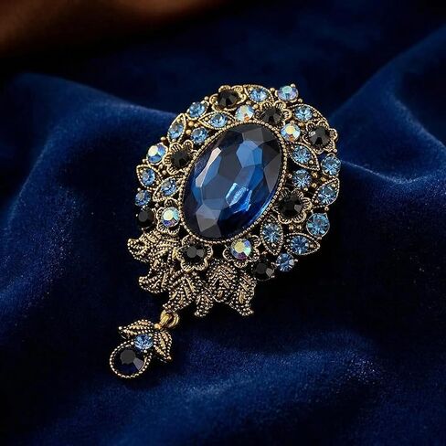 Vintage Blue Flower Brooch Pin for Women Men, Antique Victorian Style Rhinestone Floral Corsage, Elegant Large Fashion Jewelry Accessories for Wedding Prom Party in Kuwait