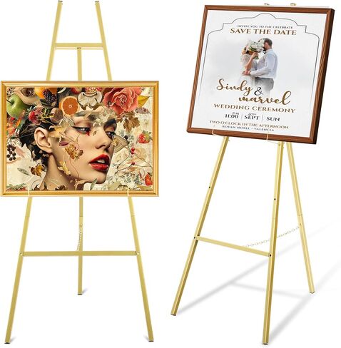 حامل حامل ذهبي من SHENLIU للعلامة، حامل عرض معدني عالي التحمل من 4 طبقات مع سلسلة قابلة للتعديل للوحات وملصقات حفلات الزفاف وصور علامات الترحيب والعرض التجاري in Kuwait