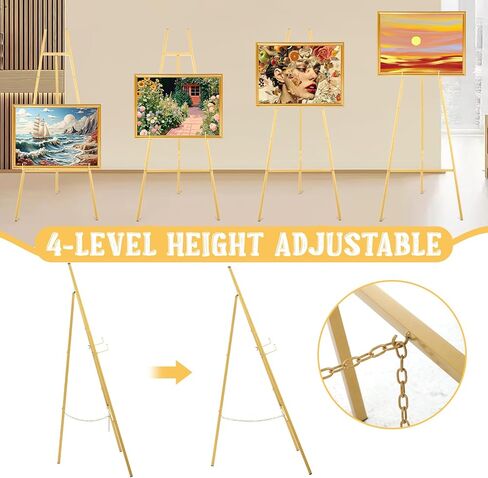 حامل حامل ذهبي من SHENLIU للعلامة، حامل عرض معدني عالي التحمل من 4 طبقات مع سلسلة قابلة للتعديل للوحات وملصقات حفلات الزفاف وصور علامات الترحيب والعرض التجاري in Kuwait