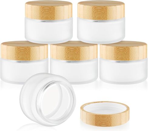 Glass Bamboo Jars with Lid,Empty Round Frosted Glass Jar Holder with Inner liner,Small Travel Cosmetic Jars for Moisturizer,Foundation,Lotion,Cream,body butter,Candle Making-6 Pcs (100ml) in Kuwait