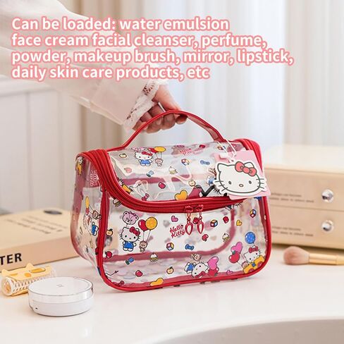 Cute Makeup Bag, Cartoon Toiletry Bag, Transparent Makeuo Bag, Handheld Zippered Travel Cosmetic Bag, The Best Gifts for Women (Red) in Saudi Arabia