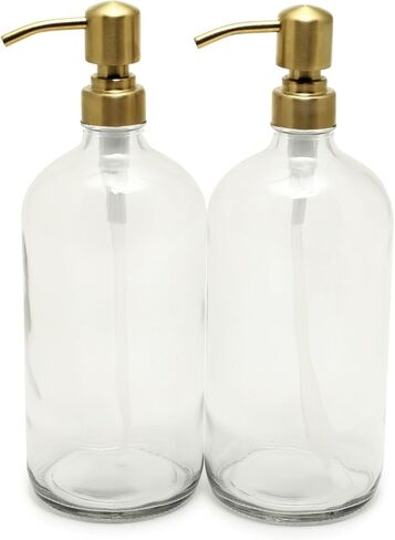 Vivaplex, 2, Large, 32 oz, Empty, Clear Glass Bottles with Stainless Steel, Yellow Gold, Lotion Pumps in Saudi Arabia