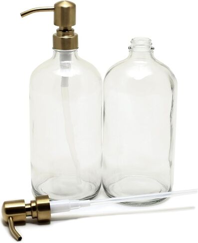 Vivaplex, 2, Large, 32 oz, Empty, Clear Glass Bottles with Stainless Steel, Yellow Gold, Lotion Pumps in Saudi Arabia