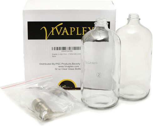 Vivaplex, 2, Large, 32 oz, Empty, Clear Glass Bottles with Stainless Steel, Yellow Gold, Lotion Pumps in Saudi Arabia