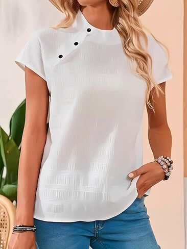 2026 High Neck Tee for Women Buttoned Collar Summer Cotton Short Sleeve Blouse in Saudi Arabia