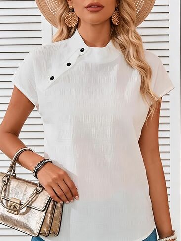 2026 High Neck Tee for Women Buttoned Collar Summer Cotton Short Sleeve Blouse in Saudi Arabia