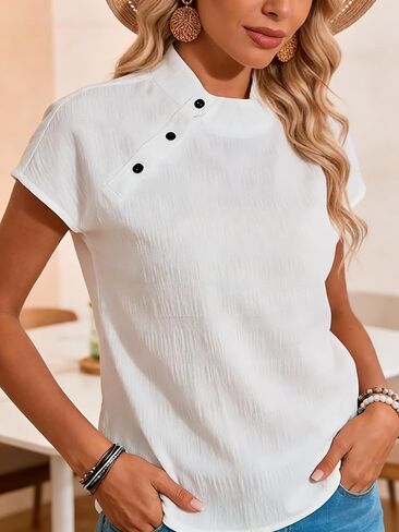 2026 High Neck Tee for Women Buttoned Collar Summer Cotton Short Sleeve Blouse in Saudi Arabia