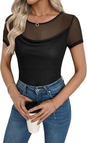 EVALESS Womens Going Out Tops Sexy Lace Mesh Sheer Shirts Trendy Summer Casual Crewneck Short Sleeve Date Night Outfits in Saudi Arabia