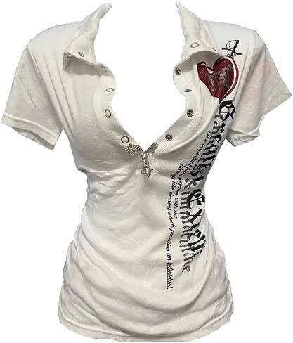 تي شيرت نسائي عتيق Y2k تي شيرت بولو مطبوع عليه حروف تي شيرت ضيق ملابس قوطي بانك هاراجوكو ملابس الشارع الشهير ملابس الجرونج in Kuwait