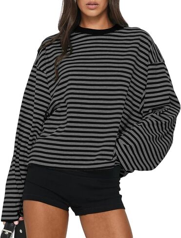 Cioatin Women Oversized Long Sleeve Striped Tee Shirt Tops Y2K Aesthetic Preppy Crewneck Sweatshirt Pullover Fall Outfits in Kuwait