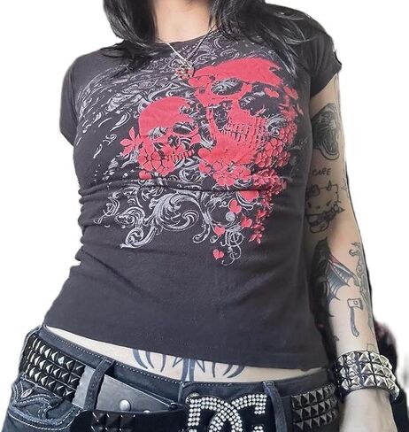 Grunge Shirt Y2k Women Graphic Gothic Short Sleeve Oversized Top Teen Girl Goth Punk Vintage Aesthetic Emo Baggy Tee in Saudi Arabia