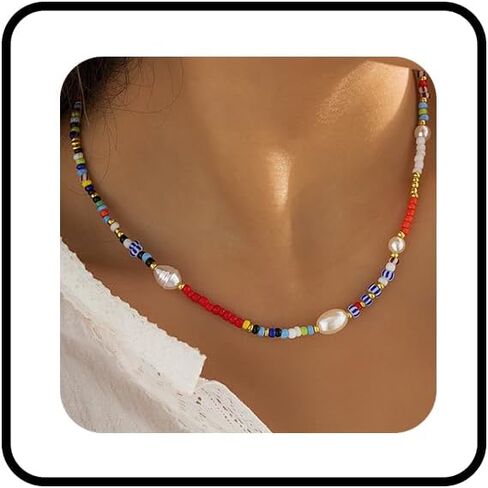 Colorful Beaded Necklace for Women Freshwater Beaded Pearl Choker Necklace for Women Y2K Trendy Pearl Necklace Boho Surfer Beach Necklace Summer Handmade Jewelry in Kuwait