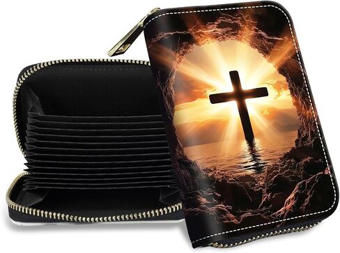 Credit Card Holder with Zipper, Slim RFID Blocking Card Wallet for Women Men Christian Cross Design PU Leather Small Accordion Card Case Wallet, ID Card Organizer, Pocket Business Card Case in Saudi Arabia