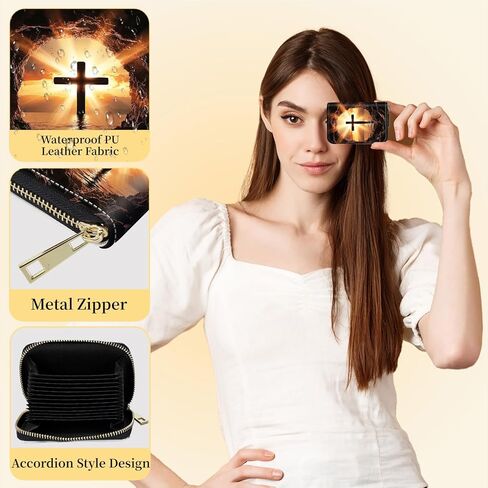 Credit Card Holder with Zipper, Slim RFID Blocking Card Wallet for Women Men Christian Cross Design PU Leather Small Accordion Card Case Wallet, ID Card Organizer, Pocket Business Card Case in Saudi Arabia