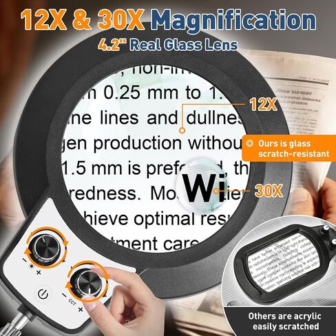 عدسة مكبرة 30X 12X من KIRKAS مع ضوء وحامل، وأوضاع ألوان سطوع بدون خطوات ومصباح مكبر للأرضية بارتفاع قابل للتعديل، مكبر مضاء 2 في 1 للقراءة الحرفية والخياطة القريبة - أسود in Kuwait