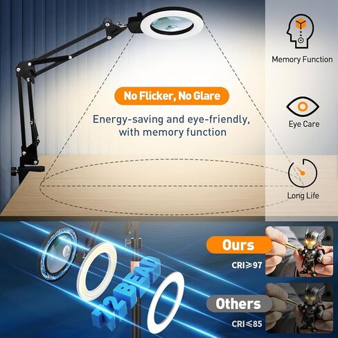 عدسة مكبرة 30X 12X من KIRKAS مع ضوء وحامل، وأوضاع ألوان سطوع بدون خطوات ومصباح مكبر للأرضية بارتفاع قابل للتعديل، مكبر مضاء 2 في 1 للقراءة الحرفية والخياطة القريبة - أسود in Kuwait