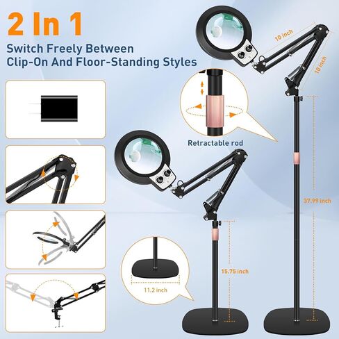 عدسة مكبرة 30X 12X من KIRKAS مع ضوء وحامل، وأوضاع ألوان سطوع بدون خطوات ومصباح مكبر للأرضية بارتفاع قابل للتعديل، مكبر مضاء 2 في 1 للقراءة الحرفية والخياطة القريبة - أسود in Kuwait