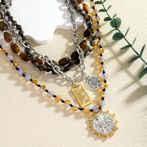 Beaded Coin Necklaces for Women, Vintage Multi-layer Coin Pendant Necklace, Ethnic Chain Collar Jewelry Gift in Kuwait