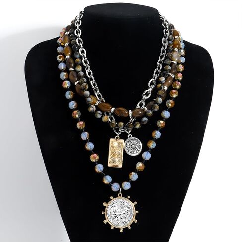 Beaded Coin Necklaces for Women, Vintage Multi-layer Coin Pendant Necklace, Ethnic Chain Collar Jewelry Gift in Kuwait