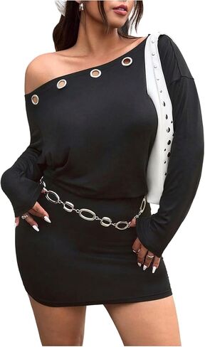 Floerns Women's Plus Size Off The Shoulder Short Dress Grommet Eyelet Long Sleeve Party Club Dresses in Saudi Arabia