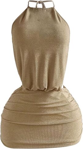 SOLY HUX Women's Open Back Halter Mini Dress Sleeveless Tie Backless Ruched Bodycon Party Club Dresses in Saudi Arabia