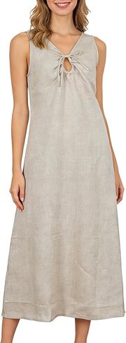 Amazhiyu Womens 100% Linen Summer Midi Dress V Neck Sleeveless Dresses Tie Front in Saudi Arabia