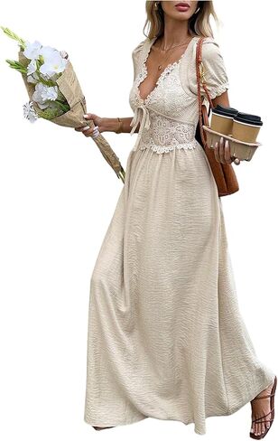 SHENHE Women's Lace Deep V Neck Puff Short Sleeve Tie Bow Backless A Line Flowy Maxi Dress in Saudi Arabia