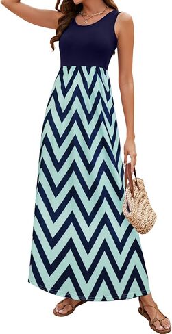 Sherosa Women's Summer Sleeveless Boho Floral Maxi Dresses Chevron Striped Casual Tank Flowy Long Sundress Beach Vacation in Kuwait