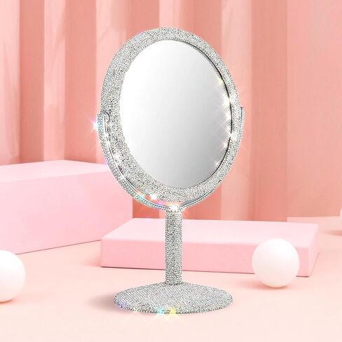 مرآة مكياج بلينغ من TISHAA - مرآة زجاجية عادية بحامل فاخر على الوجهين، بريق ألماس كريستالي من حجر الراين، محمولة للمكتب والحمام وغرفة النوم والطاولة (إصدار عدسة عادية بيضاء) in Kuwait