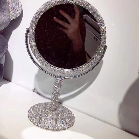 مرآة مكياج بلينغ من TISHAA - مرآة زجاجية عادية بحامل فاخر على الوجهين، بريق ألماس كريستالي من حجر الراين، محمولة للمكتب والحمام وغرفة النوم والطاولة (إصدار عدسة عادية بيضاء) in Kuwait