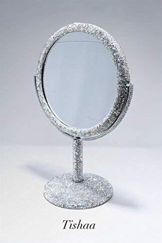 مرآة مكياج بلينغ من TISHAA - مرآة زجاجية عادية بحامل فاخر على الوجهين، بريق ألماس كريستالي من حجر الراين، محمولة للمكتب والحمام وغرفة النوم والطاولة (إصدار عدسة عادية بيضاء) in Kuwait