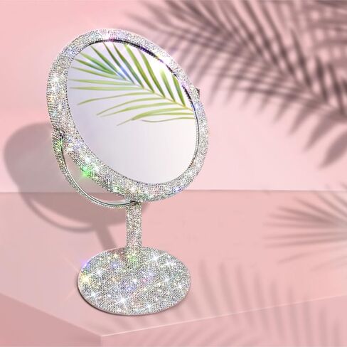 مرآة مكياج بلينغ من TISHAA - مرآة زجاجية عادية بحامل فاخر على الوجهين، بريق ألماس كريستالي من حجر الراين، محمولة للمكتب والحمام وغرفة النوم والطاولة (إصدار عدسة عادية بيضاء) in Kuwait