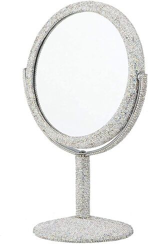 مرآة مكياج بلينغ من TISHAA - مرآة زجاجية عادية بحامل فاخر على الوجهين، بريق ألماس كريستالي من حجر الراين، محمولة للمكتب والحمام وغرفة النوم والطاولة (إصدار عدسة عادية بيضاء) in Kuwait