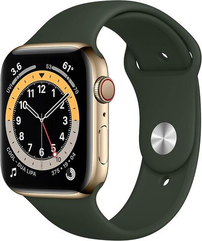 Apple Watch Series 6 (GPS + Cellular، 44 ملم) - هيكل ذهبي من الفولاذ المقاوم للصدأ مع حزام رياضي أخضر قبرصي (متجدد) in Saudi Arabia