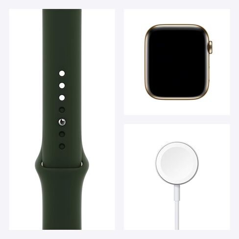 Apple Watch Series 6 (GPS + Cellular، 44 ملم) - هيكل ذهبي من الفولاذ المقاوم للصدأ مع حزام رياضي أخضر قبرصي (متجدد) in Saudi Arabia