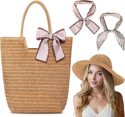 4 قطع من قبعات الشاطئ النسائية المصنوعة من القش وحقائب اليد المنسوجة ووشاح حريري فرنسي ومجموعة من القش للسفر في الصيف in Kuwait